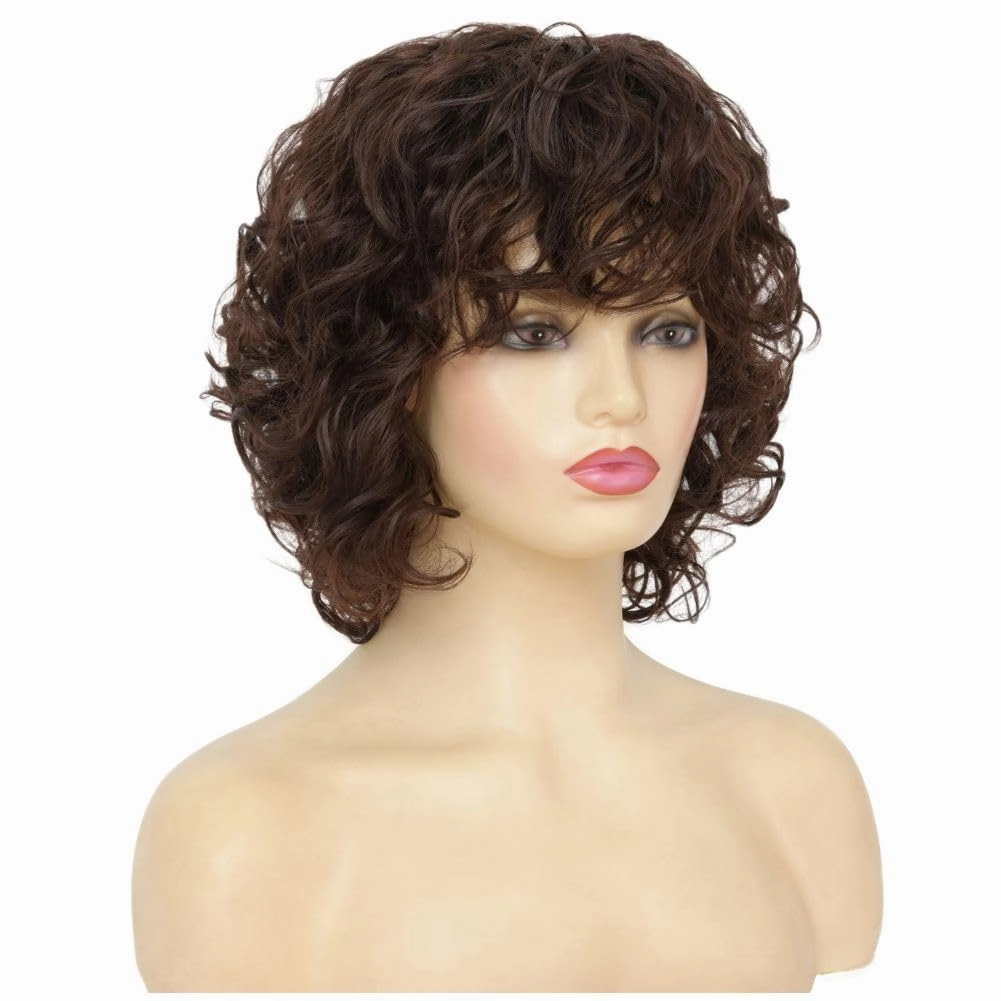 Brown Curly Bob Wigs for Women Shoulder Length Natural Looking Party Cosplay Daily Synthetic Full Wigs Womens Wig with Bangs