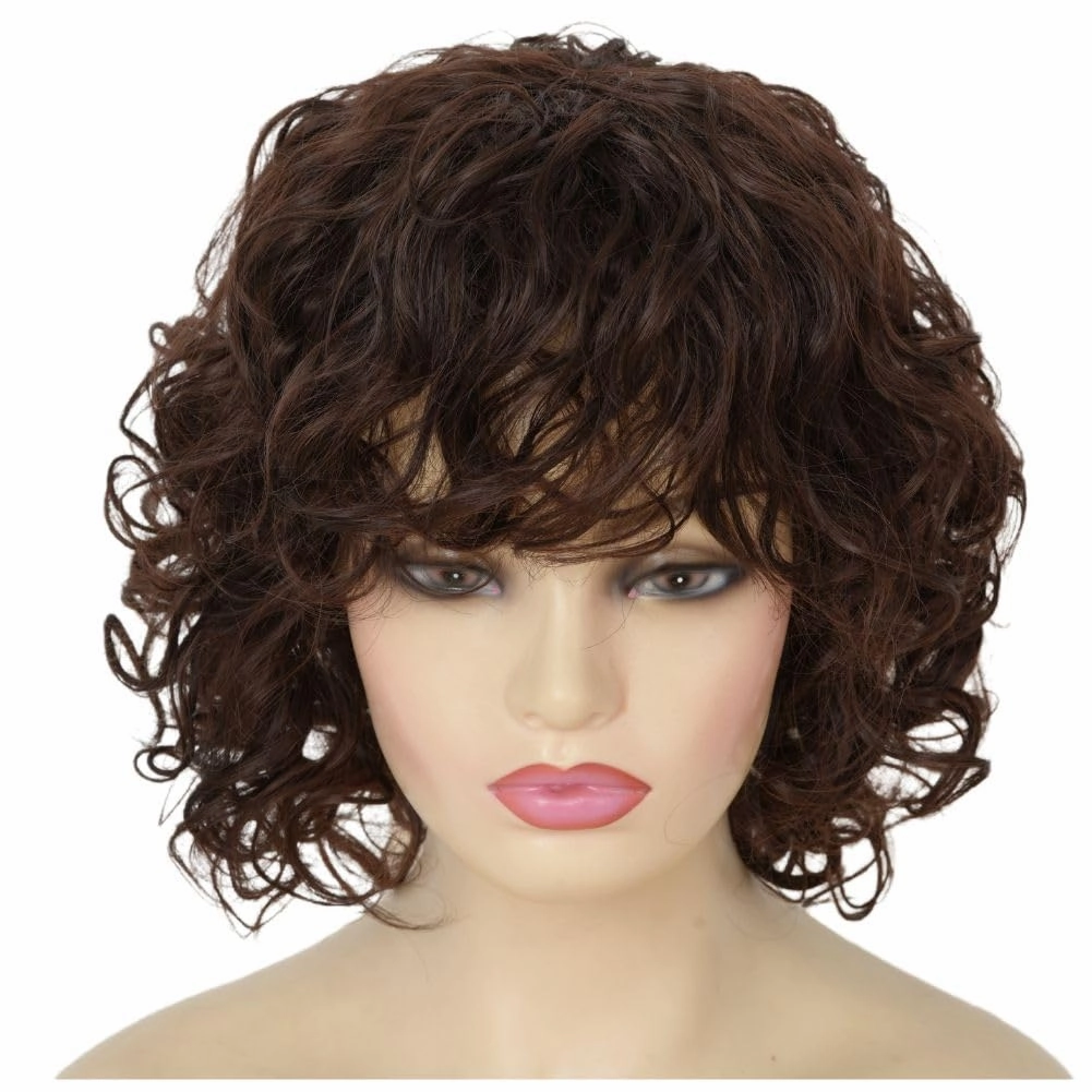 Brown Curly Bob Wigs for Women Shoulder Length Natural Looking Party Cosplay Daily Synthetic Full Wigs Womens Wig with Bangs