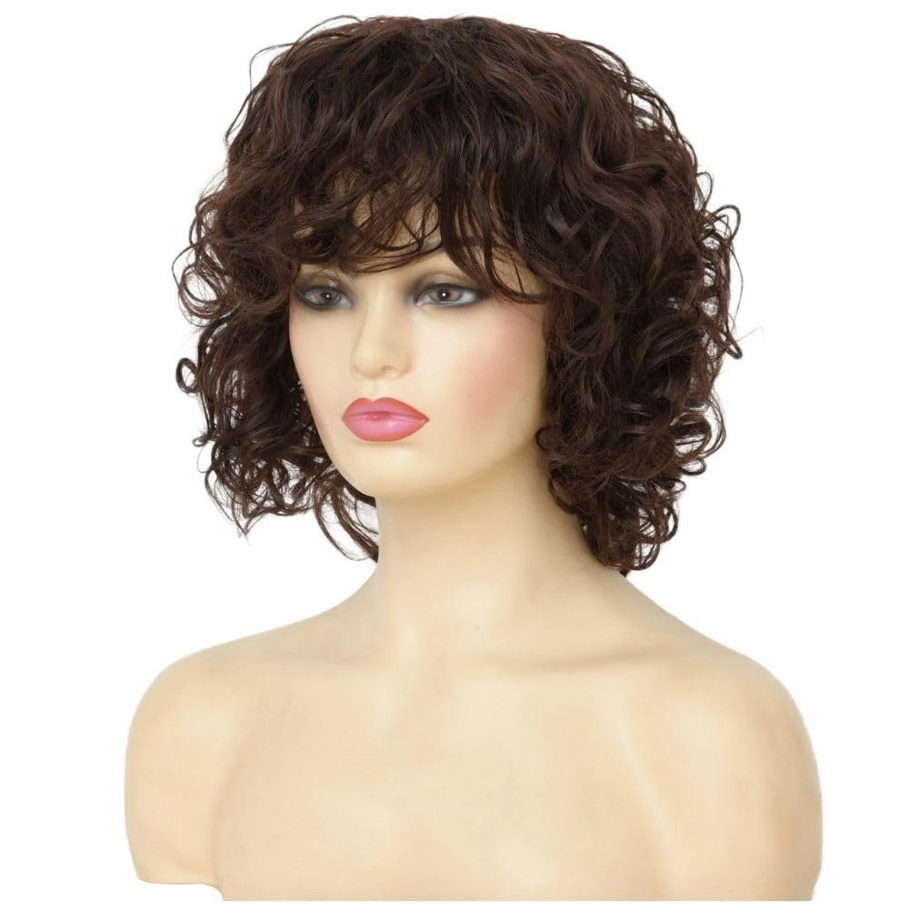 Brown Curly Bob Wigs for Women Shoulder Length Natural Looking Party Cosplay Daily Synthetic Full Wigs Womens Wig with Bangs