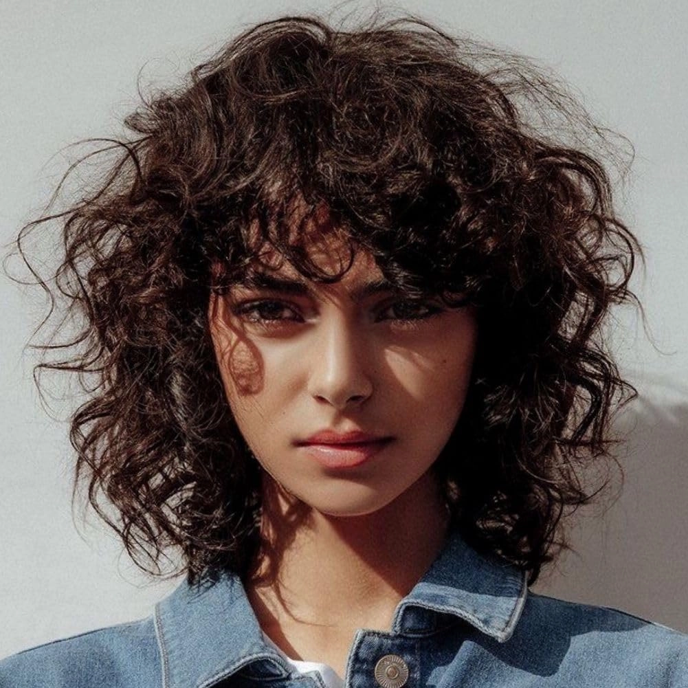 Brown Curly Bob Wigs for Women Shoulder Length Natural Looking Party Cosplay Daily Synthetic Full Wigs Womens Wig with Bangs