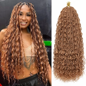 Brown Goddess Box Braids Crochet Hair With Curly Ends 24 Inch Brown Bohomian Box Braids Crochet Braids 7 Packs 3X Crochet Braids Synthetic Braiding Hair Extension for Black Women, 30#