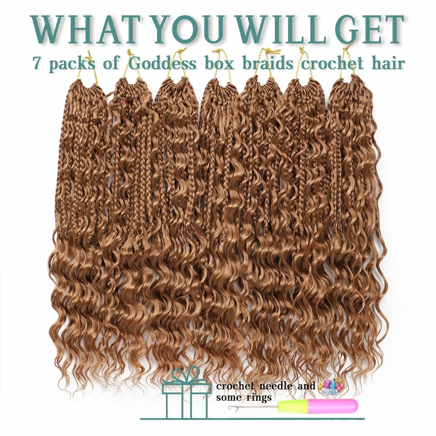 Brown Goddess Box Braids Crochet Hair With Curly Ends 24 Inch Brown Bohomian Box Braids Crochet Braids 7 Packs 3X Crochet Braids Synthetic Braiding Hair Extension for Black Women, 30#