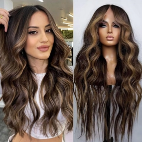 Brown Highlight Lace Front Wigs Long Wavy Wig for Women 13x4x1 T Part HD Lace Wig Pre Plucked Wear and Go Glueless Wigs Natural Hairline Dark Brown Synthetic Heat Resistant Wig Daily Parties Use