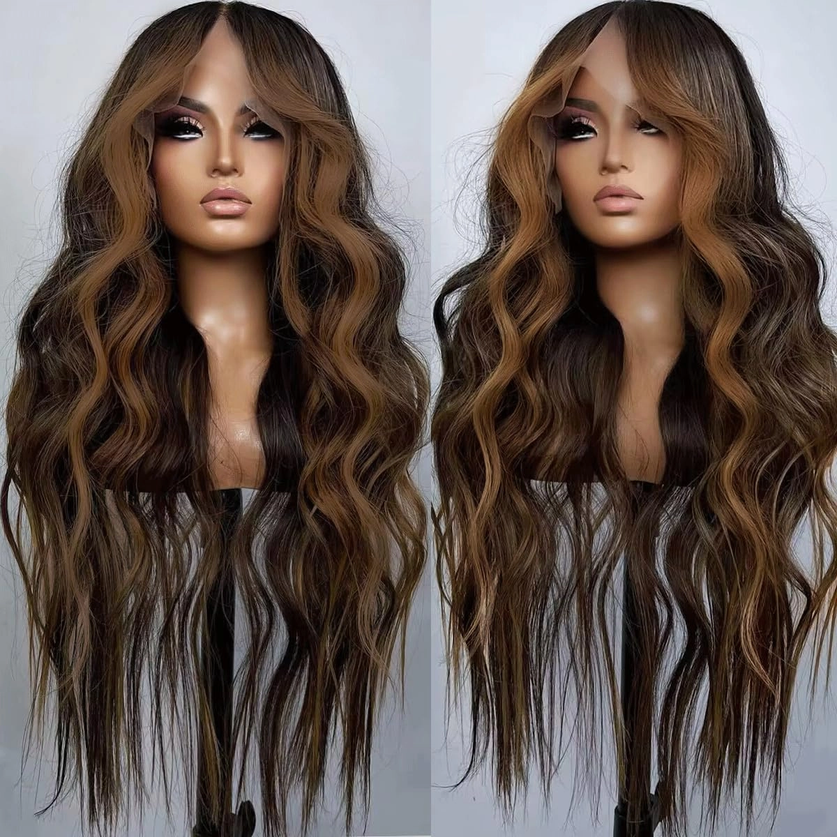 Brown Highlight Lace Front Wigs Long Wavy Wig for Women 13x4x1 T Part HD Lace Wig Pre Plucked Wear and Go Glueless Wigs Natural Hairline Dark Brown Synthetic Heat Resistant Wig Daily Parties Use