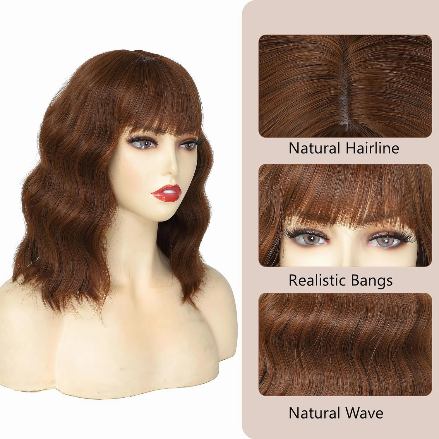 Brown Wig with Bangs Auburn Wigs for Women Short Wavy Light Brown Wig Shoulder Length Curly Bob Synthetic Heat Resistant Fiber for Daily Party Use (14 Inches)
