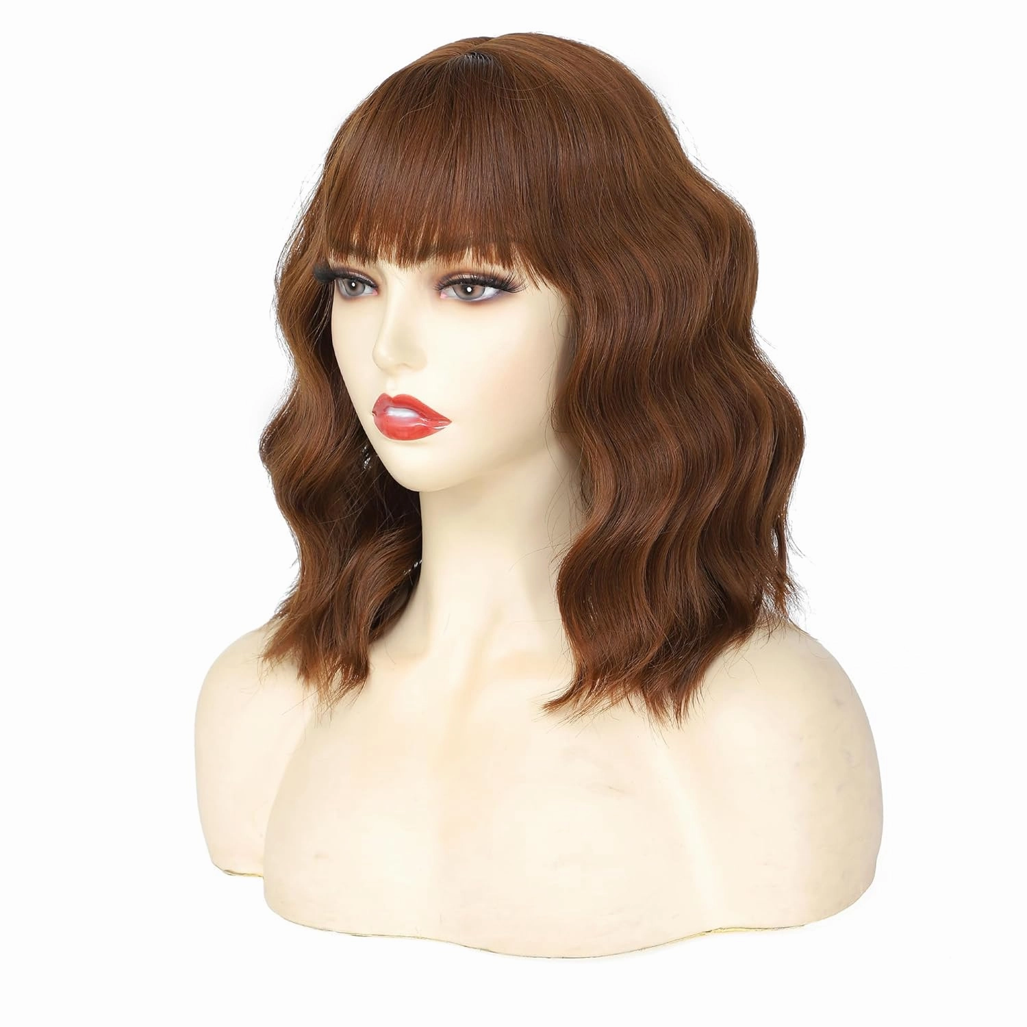 Brown Wig with Bangs Auburn Wigs for Women Short Wavy Light Brown Wig Shoulder Length Curly Bob Synthetic Heat Resistant Fiber for Daily Party Use (14 Inches)