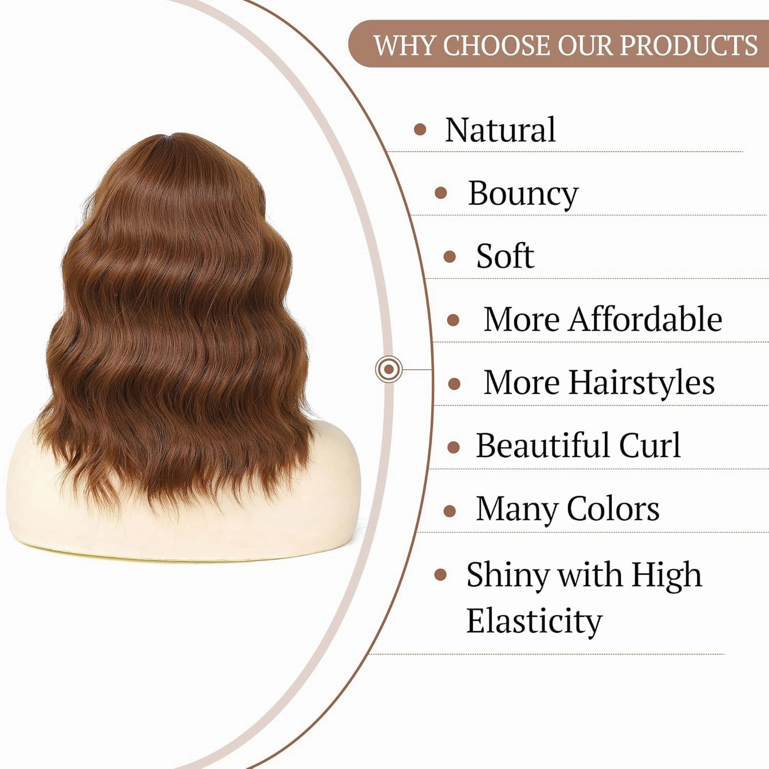 Brown Wig with Bangs Auburn Wigs for Women Short Wavy Light Brown Wig Shoulder Length Curly Bob Synthetic Heat Resistant Fiber for Daily Party Use (14 Inches)