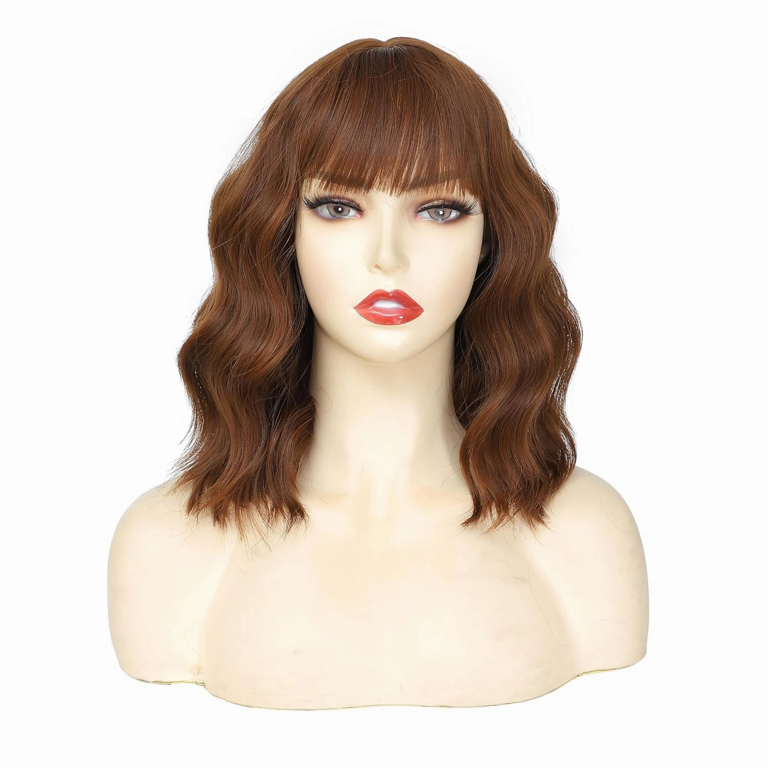 Brown Wig with Bangs Auburn Wigs for Women Short Wavy Light Brown Wig Shoulder Length Curly Bob Synthetic Heat Resistant Fiber for Daily Party Use (14 Inches)