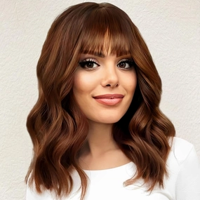 Brown Wig with Bangs Auburn Wigs for Women Short Wavy Light Brown Wig Shoulder Length Curly Bob Synthetic Heat Resistant Fiber for Daily Party Use (14 Inches)