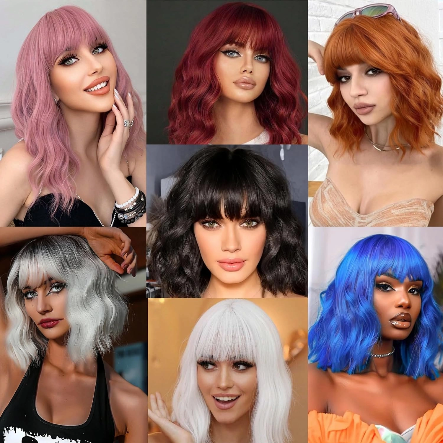 Brown Wig with Bangs Auburn Wigs for Women Short Wavy Light Brown Wig Shoulder Length Curly Bob Synthetic Heat Resistant Fiber for Daily Party Use (14 Inches)