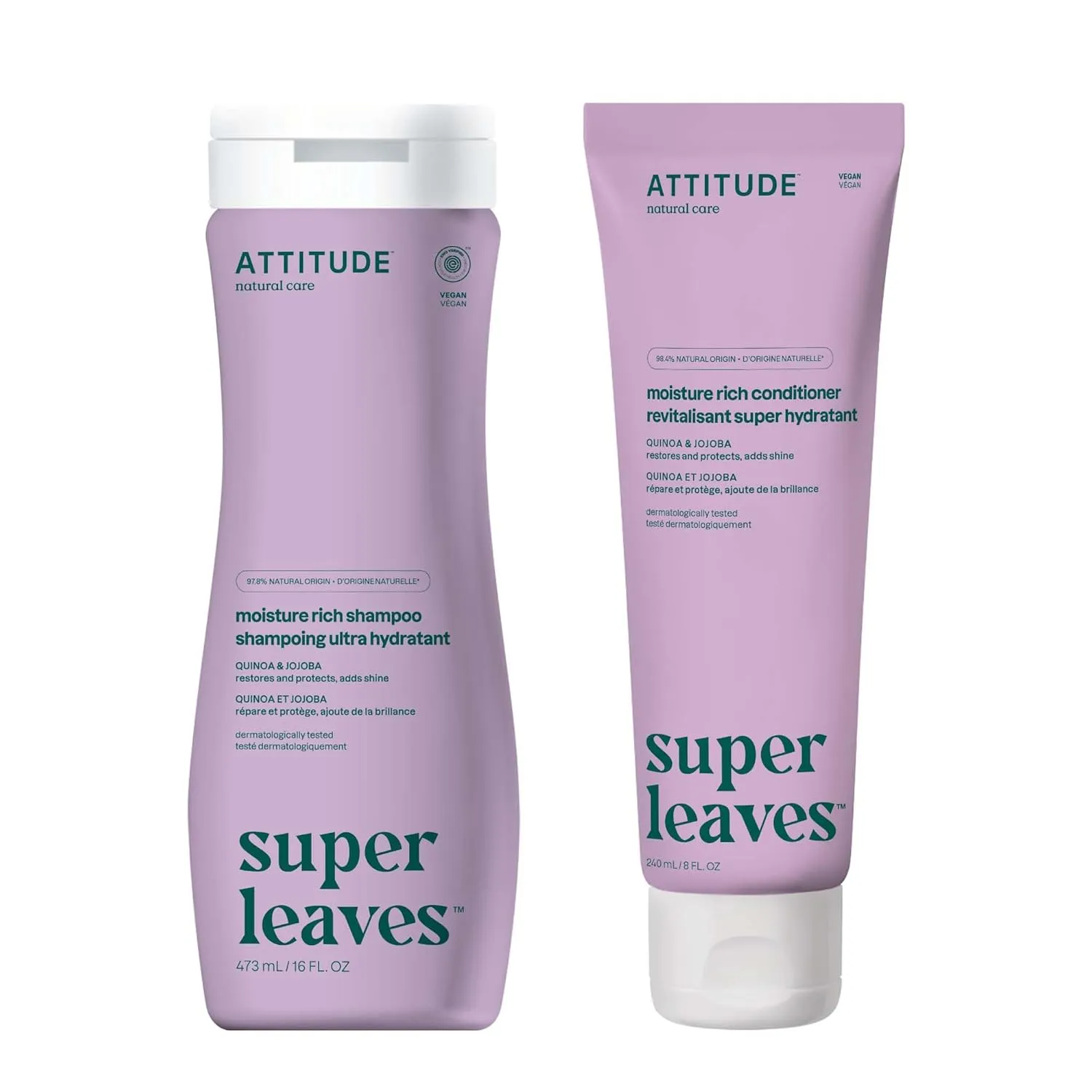 Bundle of ATTITUDE Moisture Rich Hair Shampoo and Conditioner, EWG Verified, Dermatologically Tested, Plant- and Mineral-Based, Vegan Beauty Products, Quinoa and Jojoba
