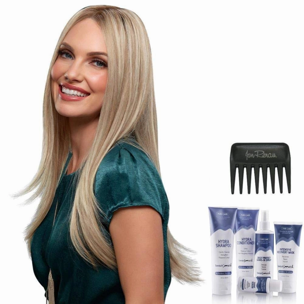 Bundle - 7 Items: Blake Exclusive Remy Human Hair by Jon Renau, Christy's Wigs Q & A Booklet, BeautiMark Hydra Shampoo Conditioner Mask Protect Leave-In Spray Shine Serum - Color: 4RN