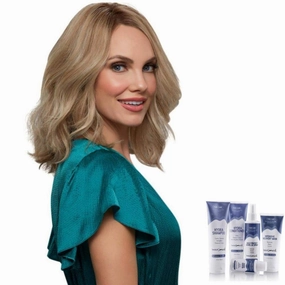 Bundle - 7 Items: Carrie Exclusive Remy Human Hair by Jon Renau, Christy's Wigs Q & A Booklet, BeautiMark Hydra Shampoo Conditioner Mask Protect Leave-In Spray Shine Serum - Color: 24BT18S8