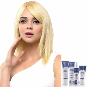 Bundle - 7 Items: Diamond Topper Remy Human Hair Hairpiece by Amore, Christy's Wigs Q & A Booklet, BeautiMark Hydra Shampoo Conditioner Mask Protect Leave-In Spray Shine Serum - Moonlight Blonde-LR
