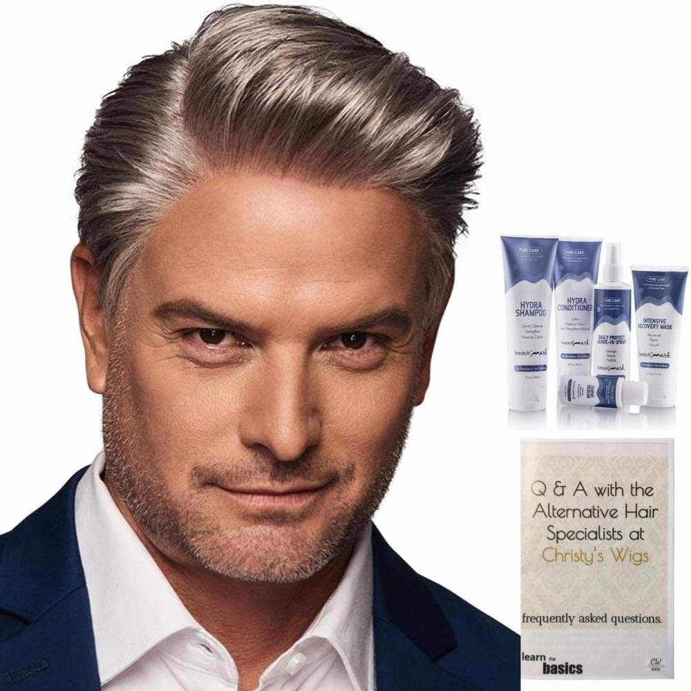 Bundle - 7 Items: Distinguished Human Hair/Synthetic Blend Wig By HIM, Christy's Wigs Q & A Booklet, BeautiMark Hydra Shampoo Conditioner Mask Protect Leave-In Spray Shine Serum - Color: M1222S