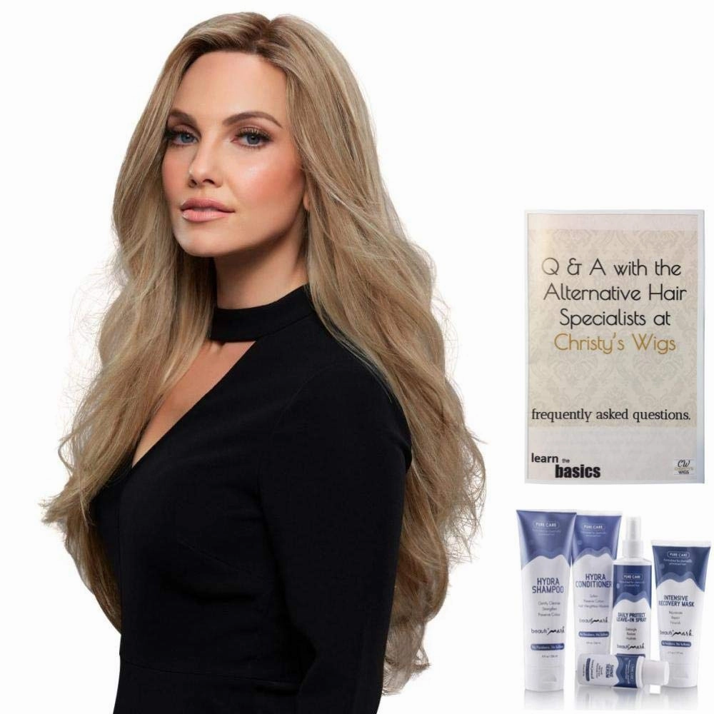 Bundle - 7 Items: Kim Remy Human Hair by Jon Renau, Christy's Wigs Q & A Booklet, BeautiMark Hydra Shampoo Conditioner Mask Protect Leave-In Spray Shine Serum - Color: FS6/30/27