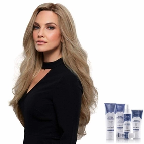 Bundle - 7 Items: Kim Remy Human Hair by Jon Renau, Christy's Wigs Q & A Booklet, BeautiMark Hydra Shampoo Conditioner Mask Protect Leave-In Spray Shine Serum - Color: FS6/30/27