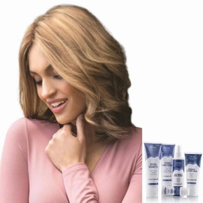 Bundle - 7 items: Megan Petite Human Hair Wig by Rene Paris, Christy's Wigs Q & A Booklet, BeautiMark Hydra Shampoo Conditioner Mask Protect Leave-In Spray Shine Serum - Color: 6/8SH30