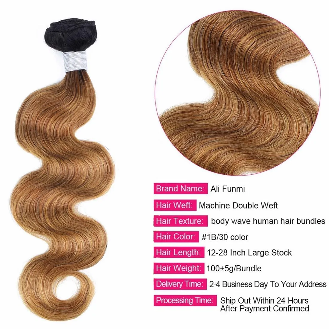 Bundles Human Hair Body Wave Remy Virgin Hair Weave Bundles 22 Inch 100% Unprocessed 2 Tone 1B/30# Color