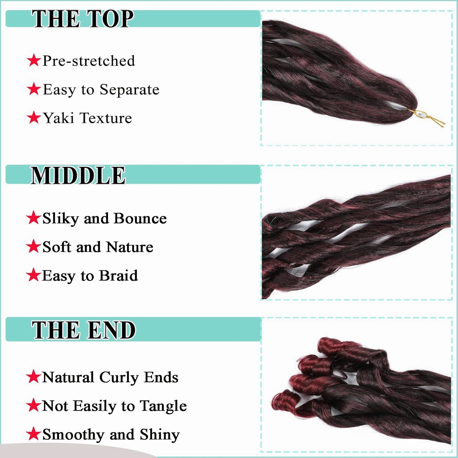 Burgundy French Curly Braiding Hair 8packs 26 inch Tbug Pre Stretched Curly Ombre Braiding Hair for Goddess Box Braids Hair Dark Red Bounce Curl Loose Wave Crochet Braids for Black Women Extensions