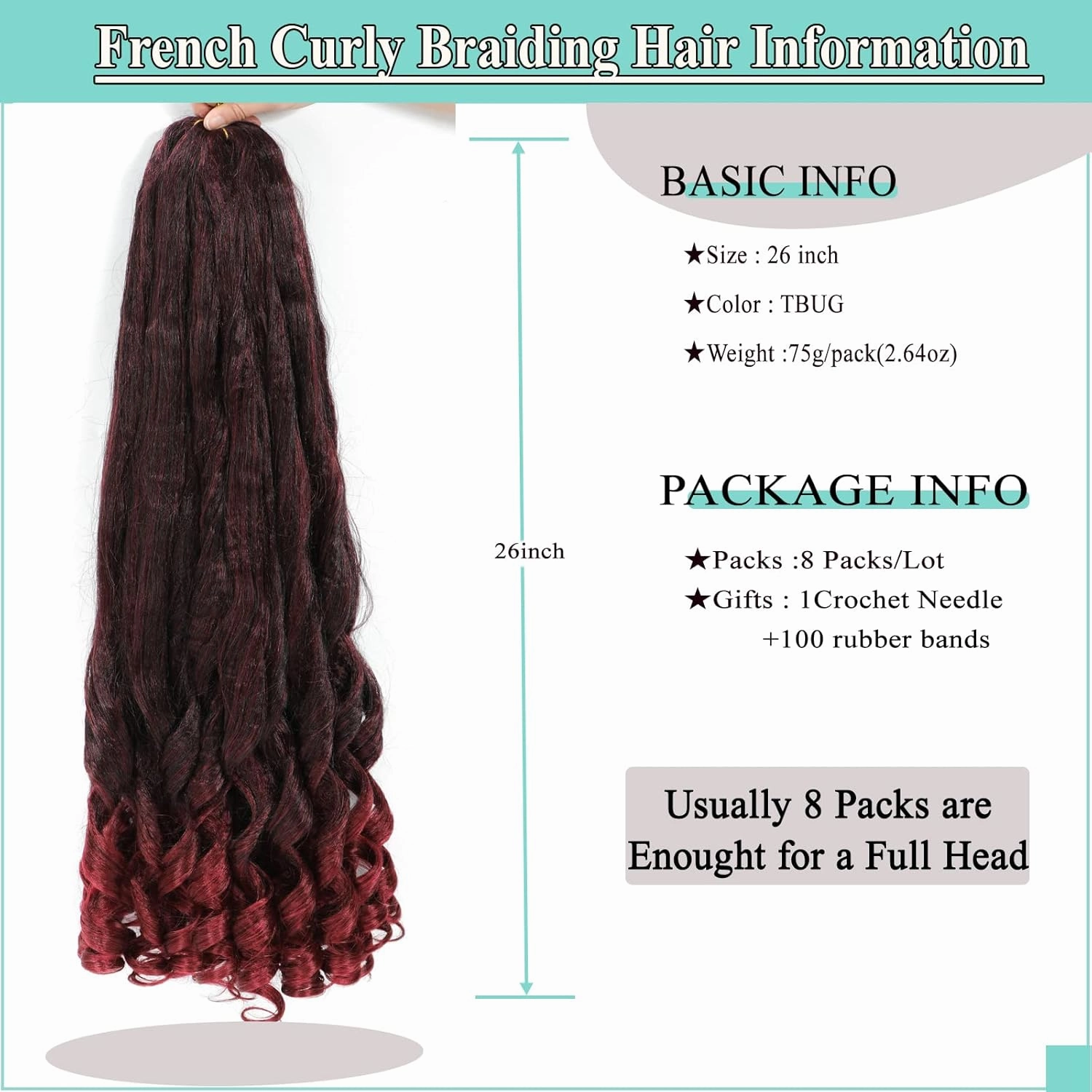 Burgundy French Curly Braiding Hair 8packs 26 inch Tbug Pre Stretched Curly Ombre Braiding Hair for Goddess Box Braids Hair Dark Red Bounce Curl Loose Wave Crochet Braids for Black Women Extensions