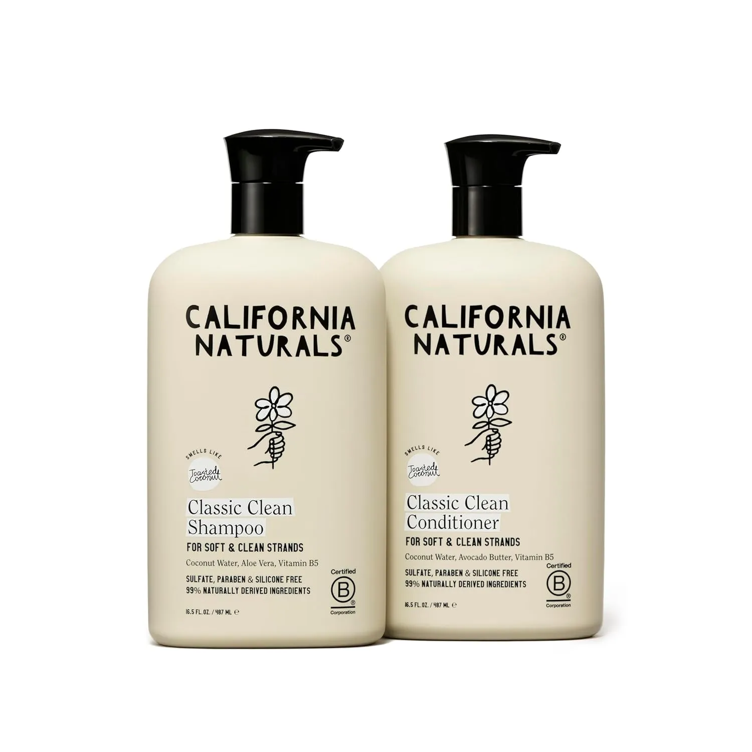 California Naturals Shampoo and Conditioner Set, Sulfate Free, 99% Naturally Derived Clean Ingredients, Paraben Free, Non Toxic, Vegan, Hair Care Bundle for Women and Men, All Hair Types, 16.5 fl oz