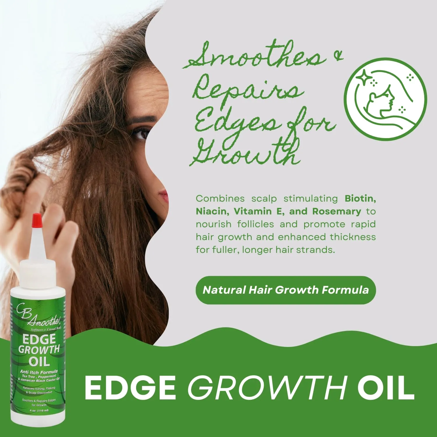 CB Smoothe Edge Growth Oil - Tea Tree, Peppermint & Jamaican Black Castor Hair Serum - Boosts Circulation & Regrowth - 4oz - 2-pack