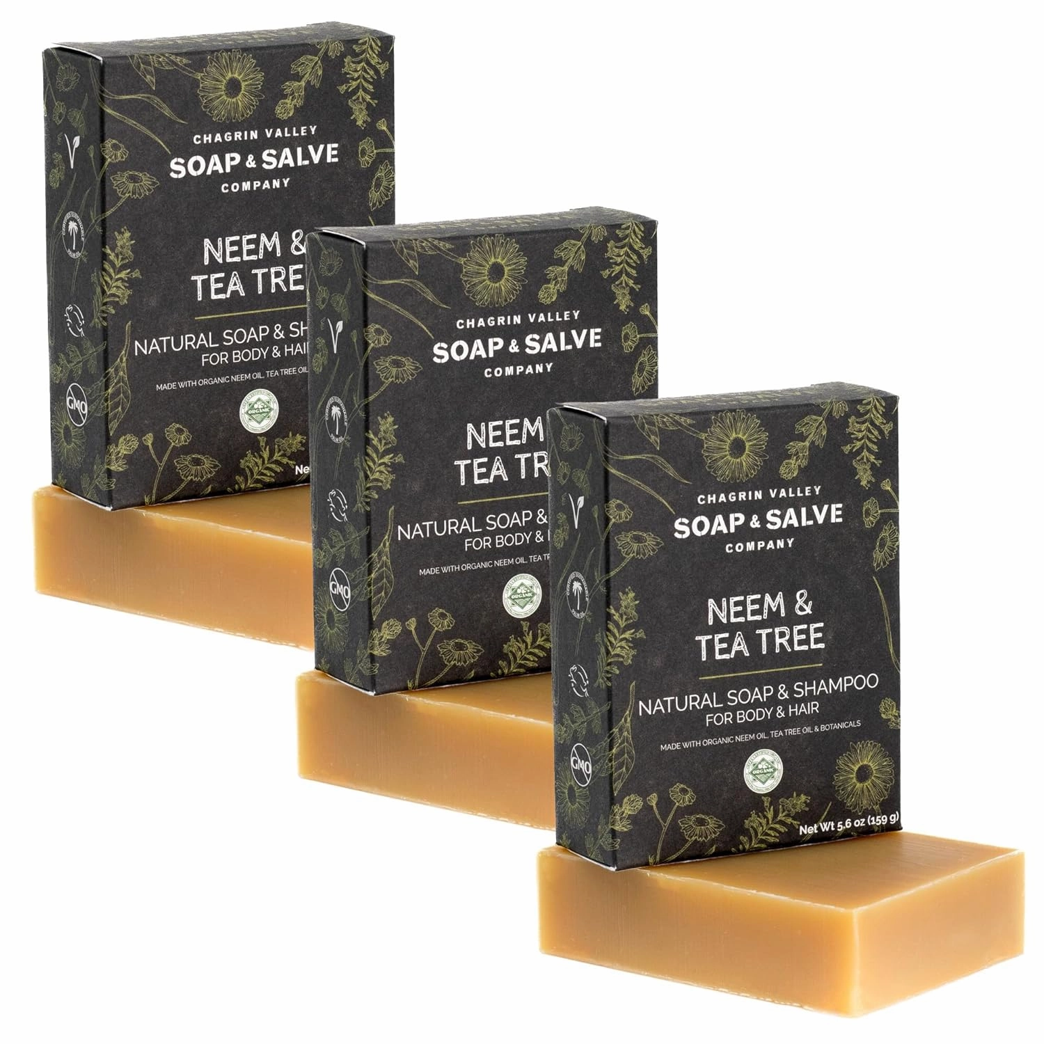 Chagrin Valley Soap & Salve Neem & Tea Tree Organic Soap & Shampoo Bar – Soothe Dry, Itchy, Irritated Skin - Sulfate Free - For Body & Hair Vegan Shampoo Natural, Large 5.6 oz Bar - 3PK