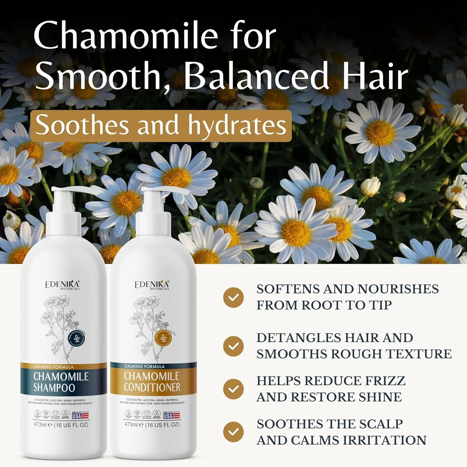 Chamomile Shampoo and Conditioner Set, Calming Formula with Certified Organic and Natural Ingredients Intense Nourishment Makes Hair Feel Soft and Smooth 16oz Each