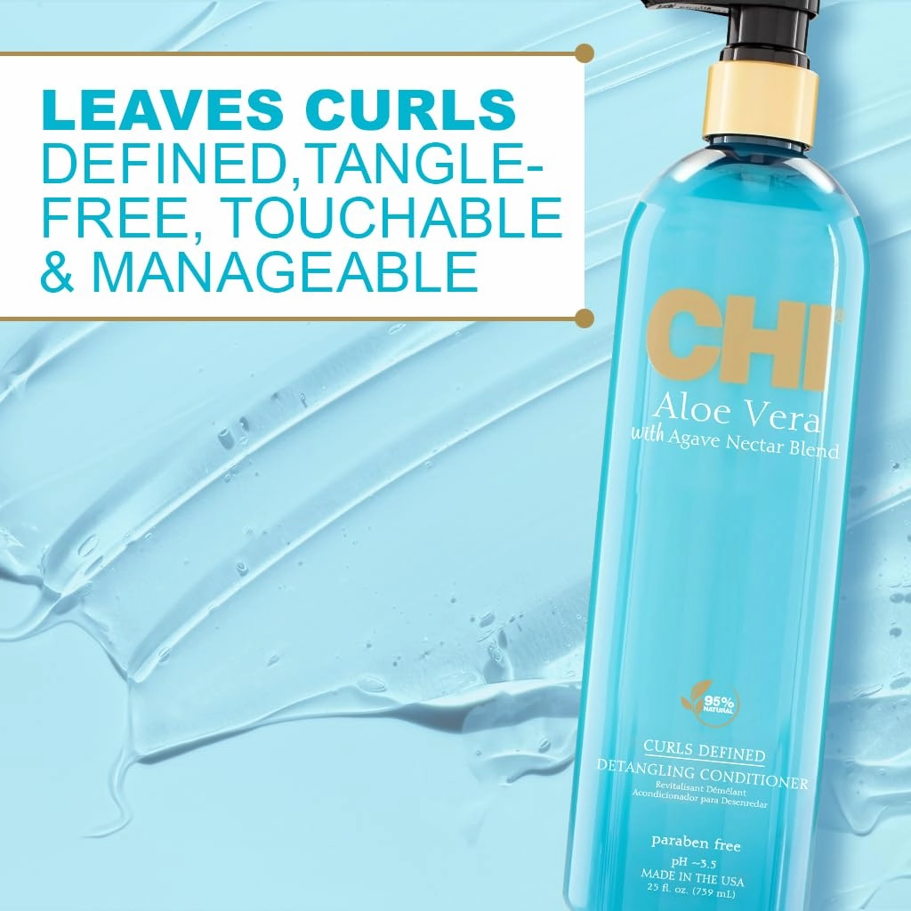CHI Aloe Vera Detangling Conditioner, Deep Conditioning Treatment For Waves, Curls, & Coils, Sulfate, Paraben, & Cruelty-Free, 25 Oz