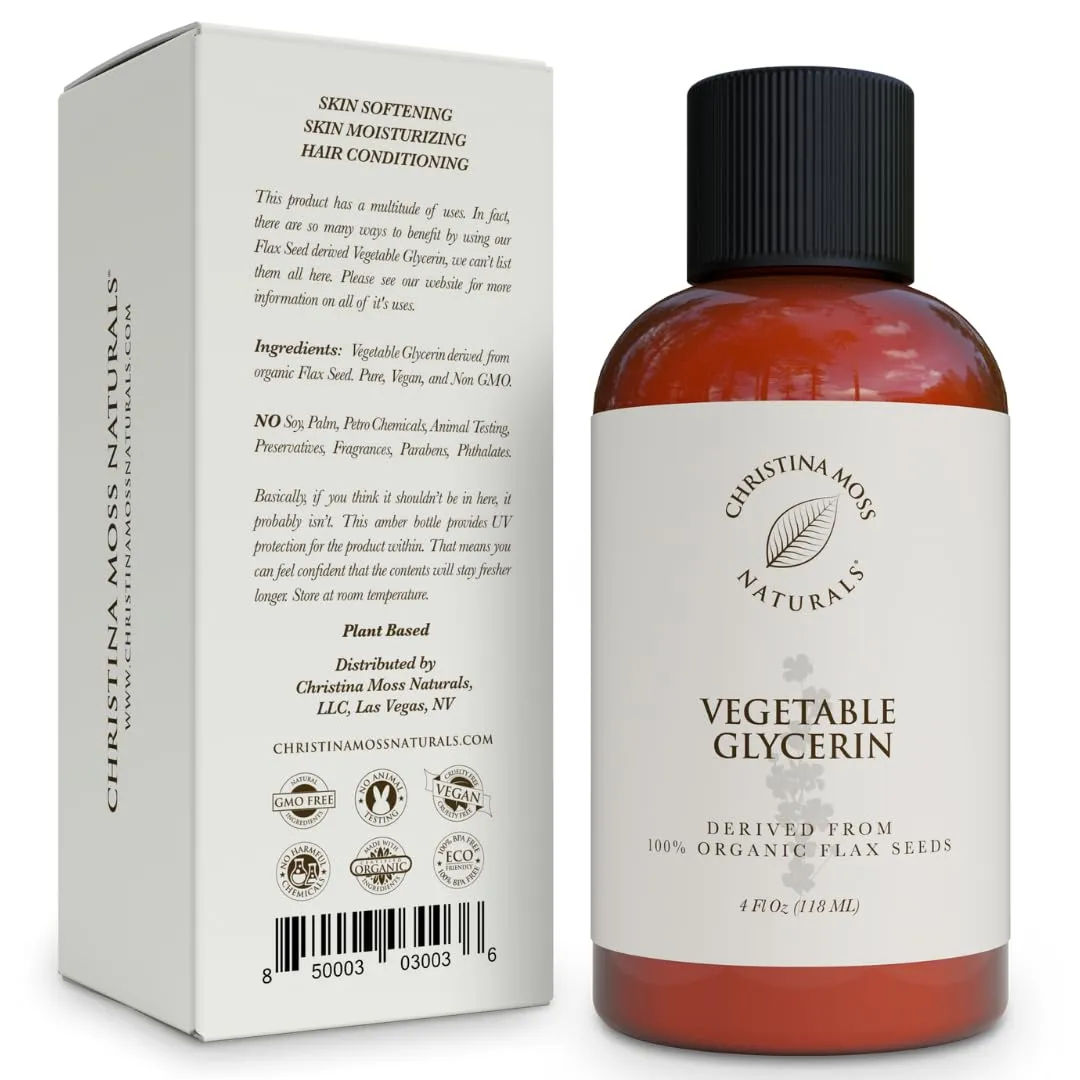 Christina Moss Naturals Vegetable Glycerin, Organic Flax Seeds, No Palm, Use DIY Soap makers & adds moisture to Cream, Shampoo, Conditioner