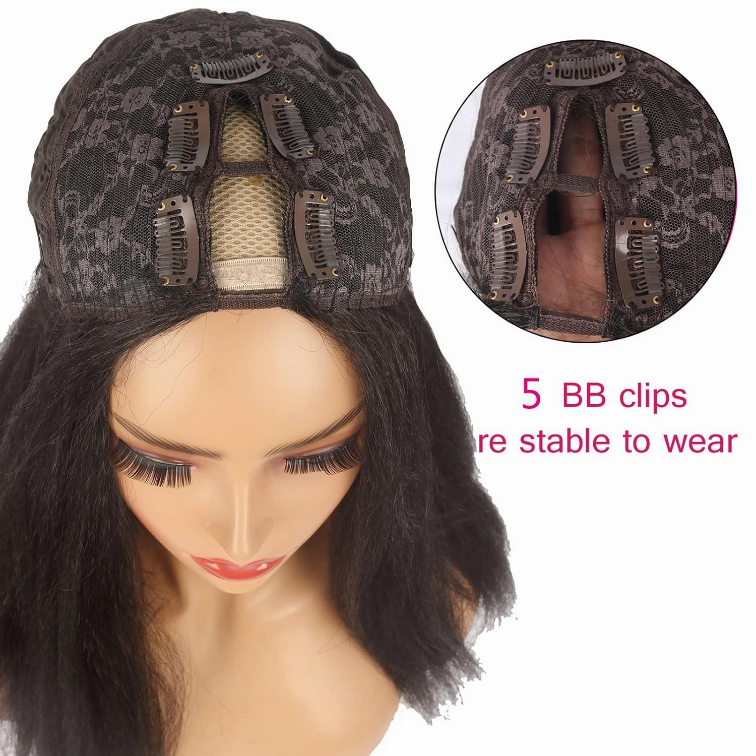 CINHOO Kinky Straight V Part Wig for Black Women Long V Shape Wigs Glueluss No Leave Out Wig Syntehtic Kinky Straight U Part Wigs for Women Dark Brown Wig for Daily Use (4#, 20inch)