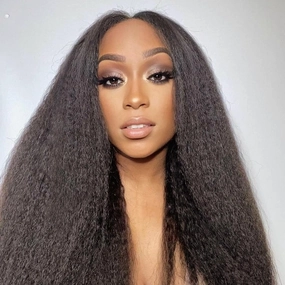 CINHOO Kinky Straight V Part Wig for Black Women Long V Shape Wigs Glueluss No Leave Out Wig Syntehtic Kinky Straight U Part Wigs for Women Dark Brown Wig for Daily Use (4#, 20inch)