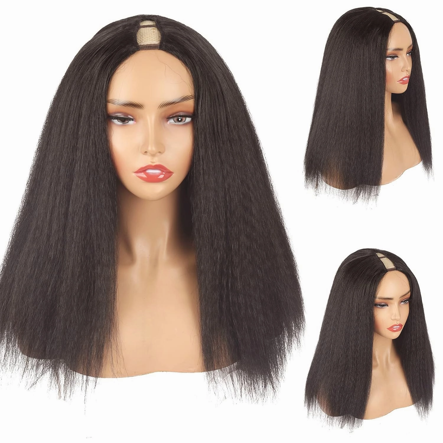 CINHOO Kinky Straight V Part Wig for Black Women Long V Shape Wigs Glueluss No Leave Out Wig Syntehtic Kinky Straight U Part Wigs for Women Dark Brown Wig for Daily Use (4#, 20inch)