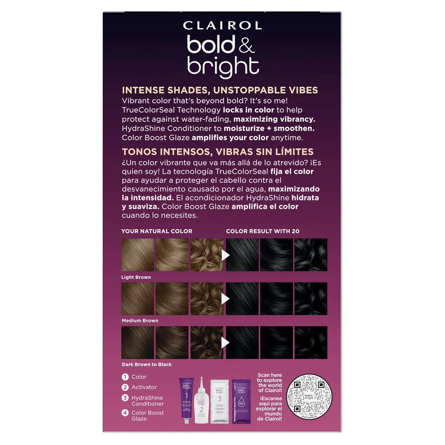 Clairol Bold & Bright Permanent Hair Dye, 20 Black Licorice Hair Color, Pack of 2