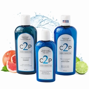CLEAR 2 PERFECTION Acne Treatment Kit - Non-Comedogenic Haircare & Skincare Trio - Scrub, Shampoo & Conditioner - Ideal for Acne-Prone Skin & Bacne