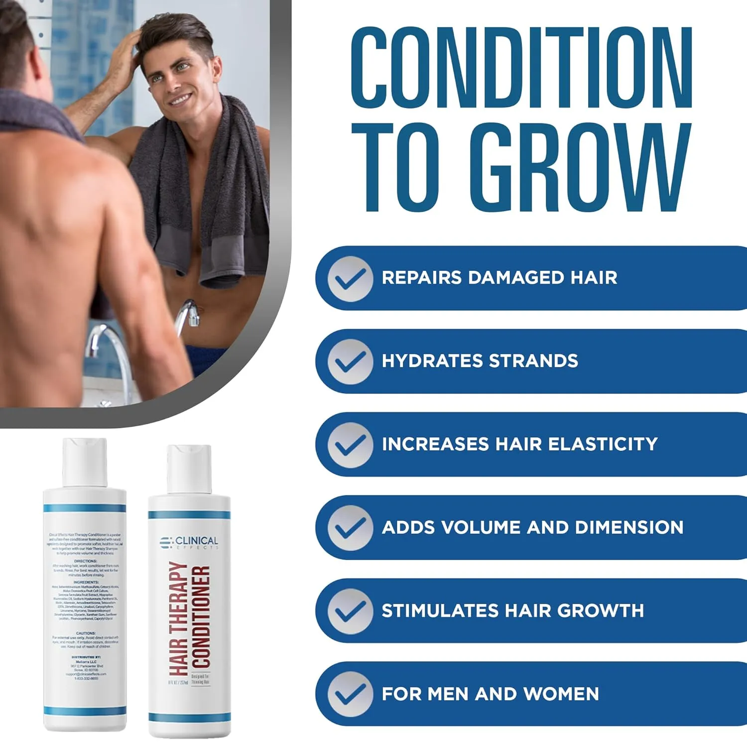 Clinical Effects Hair Therapy Conditioner - Hair Growth Conditioner for Men and Women - Deep Conditioner with Biotin, Saw Palmetto and Panthenol - Made in the USA - 8 Fl oz