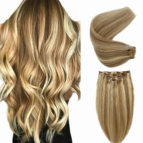 Clip in Hair Extension 12 Inch Chocolate Brown Mix Caramel Blonde Highlights 5PCS Natural Straight Hairpieces for Women Thick Human Hair Double Weft Hair Full Head(#16P22)