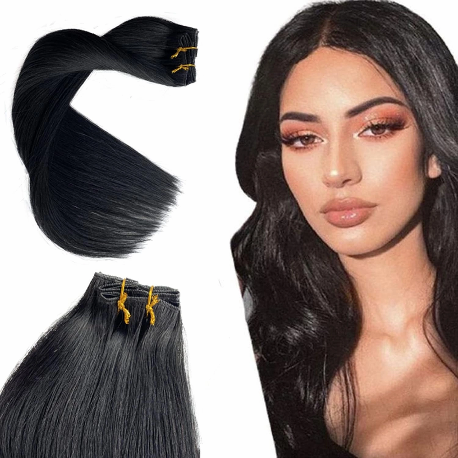 Clip in Hair Extension Real Human Hair 100% Brazilian Virgin Hair,Black Hair Extensions Clip ins Thick Hair Extension for Women,OiMiGO 70g Full Head Remy Hair Extension(#1 Jet Black,14Inch)