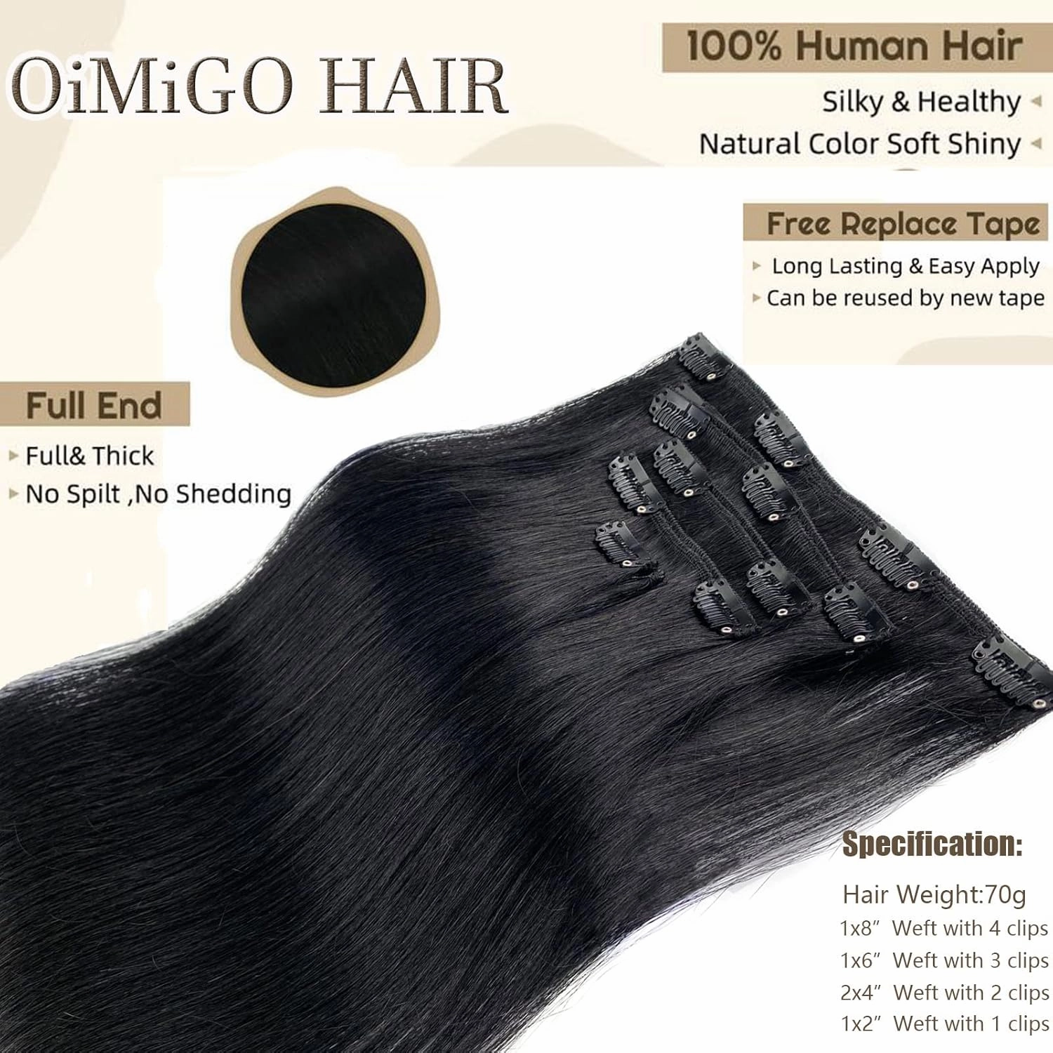Clip in Hair Extension Real Human Hair 100% Brazilian Virgin Hair,Black Hair Extensions Clip ins Thick Hair Extension for Women,OiMiGO 70g Full Head Remy Hair Extension(#1 Jet Black,14Inch)