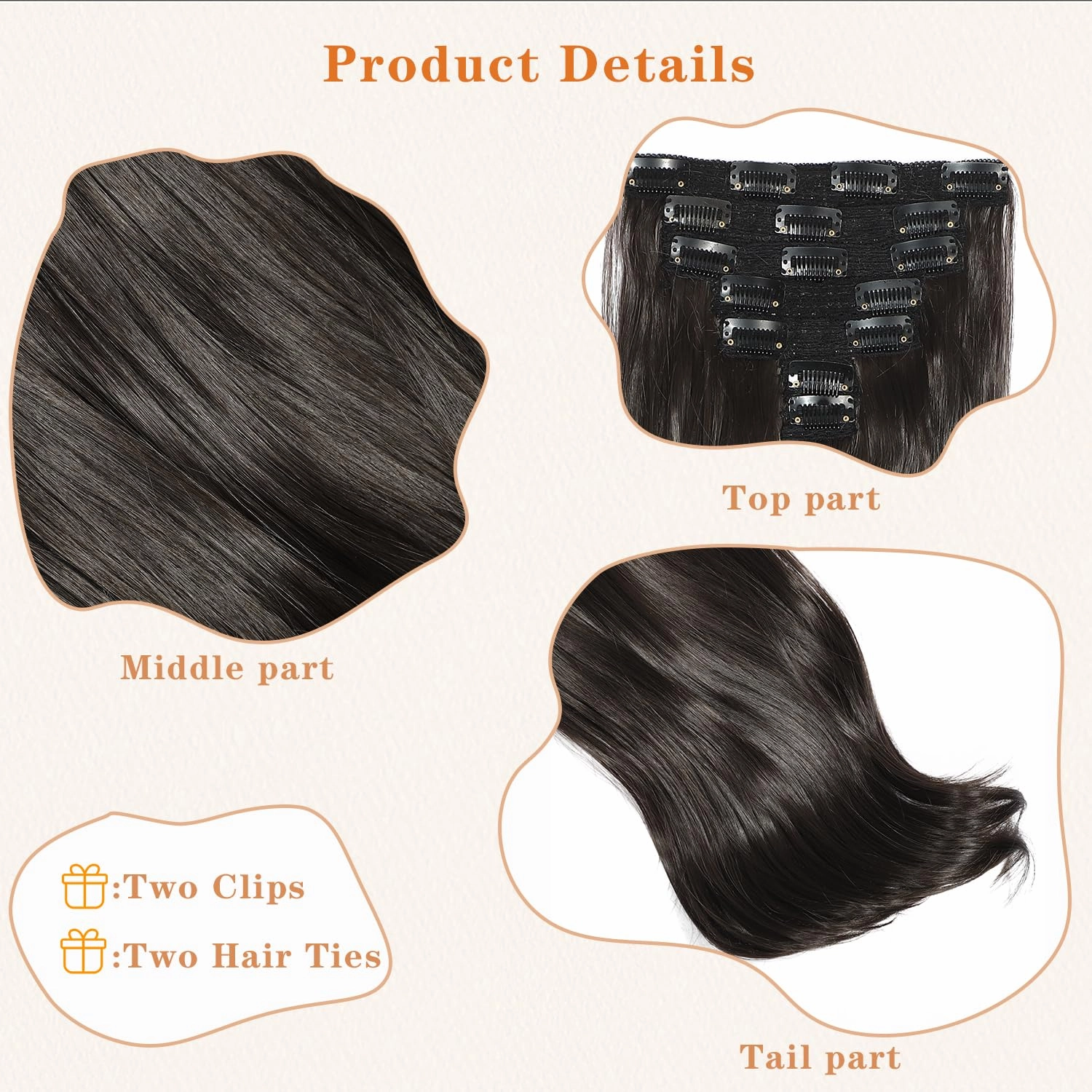 Clip in Hair Extensions 6PCS 20 Inch - Dark Brown Synthetic Hair with Seamless Removable Clips for Women, Natural Look for Daily & Party Use