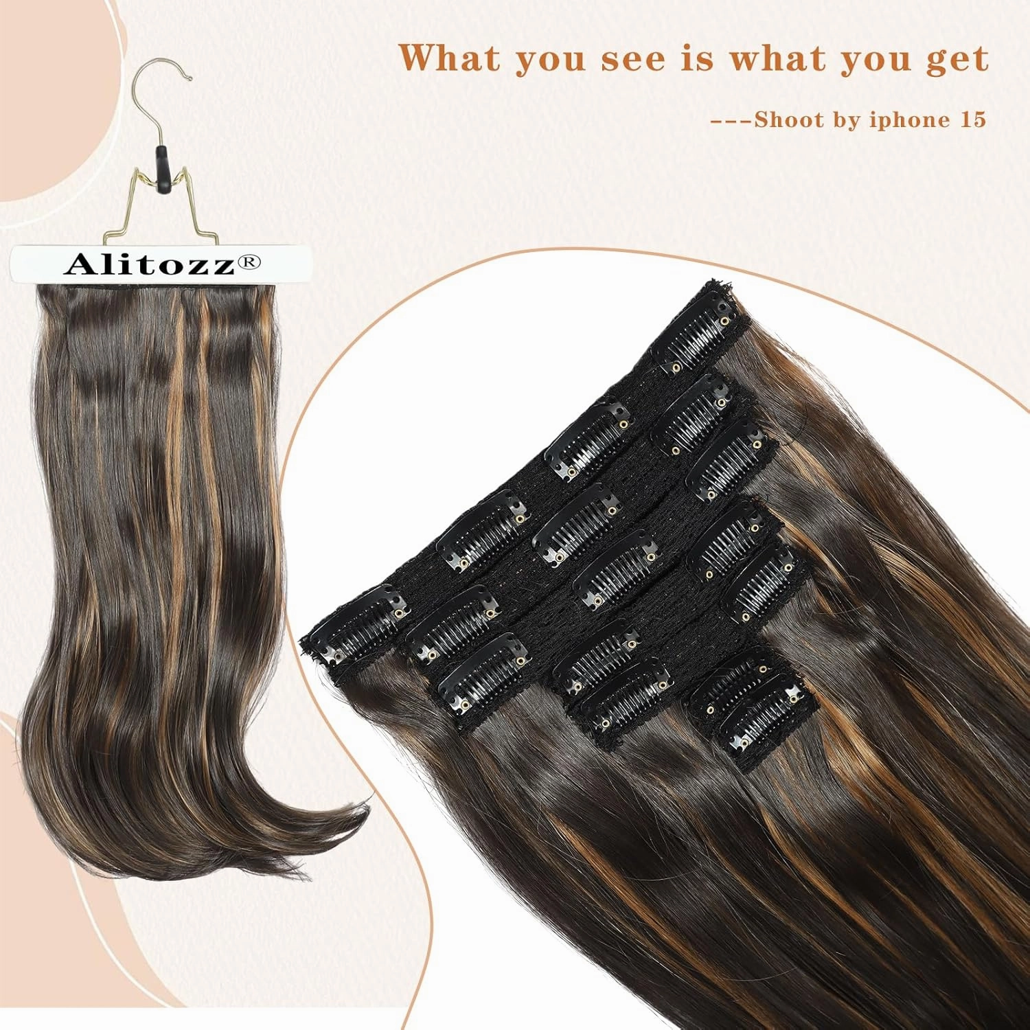 Clip in Hair Extensions 6PCS 20 Inch - Highlight Mixed Brown Synthetic Hair with Seamless Removable Clips for Women, Natural Look for Daily & Party Use