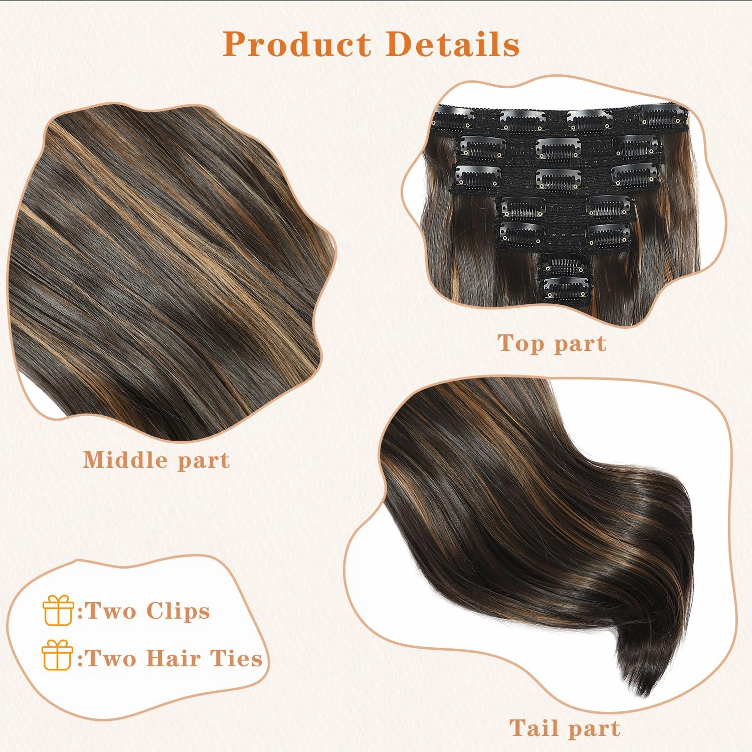 Clip in Hair Extensions 6PCS 20 Inch - Highlight Mixed Brown Synthetic Hair with Seamless Removable Clips for Women, Natural Look for Daily & Party Use