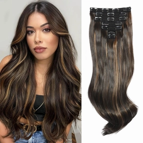 Clip in Hair Extensions 6PCS 20 Inch - Highlight Mixed Brown Synthetic Hair with Seamless Removable Clips for Women, Natural Look for Daily & Party Use