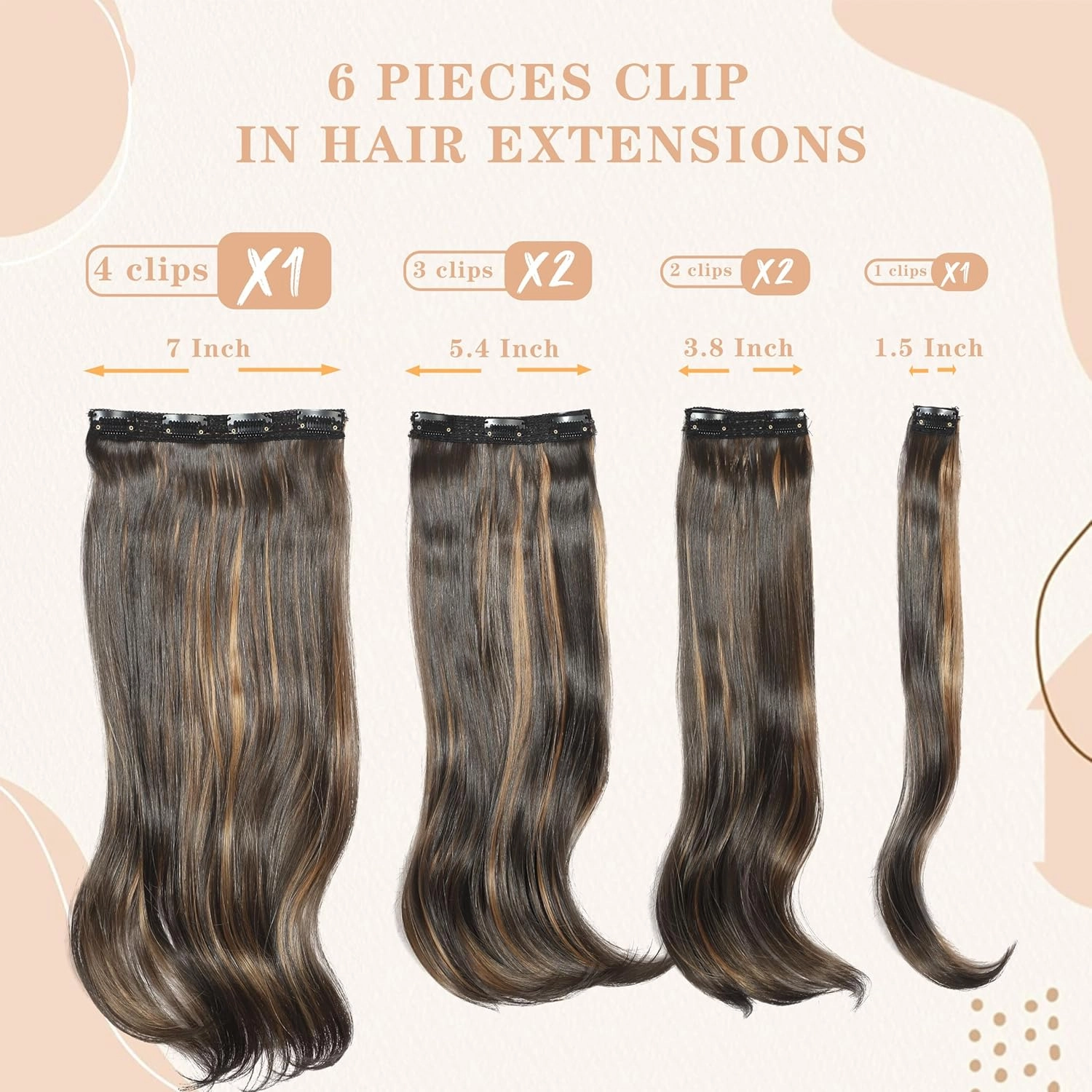 Clip in Hair Extensions 6PCS 20 Inch - Highlight Mixed Brown Synthetic Hair with Seamless Removable Clips for Women, Natural Look for Daily & Party Use