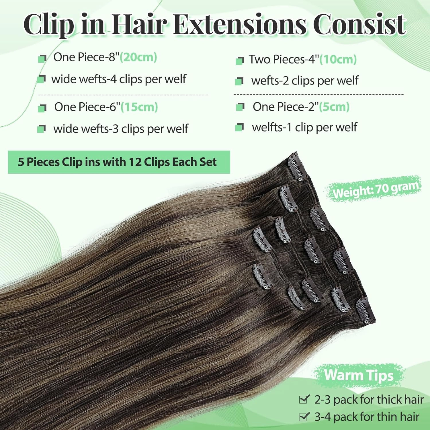 Clip in Hair Extensions Human Hair, 18 Inch Clip in Hair Extensions Real Human hair Balayage Dark Brown Ombre to Ash Brown and Dark Brown 70g 5 Pieces Straight Silky Hair Extension Clips