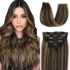 Clip in Hair Extensions Human Hair, 18 Inch Clip in Hair Extensions Real Human hair Balayage Dark Brown Ombre to Ash Brown and Dark Brown 70g 5 Pieces Straight Silky Hair Extension Clips