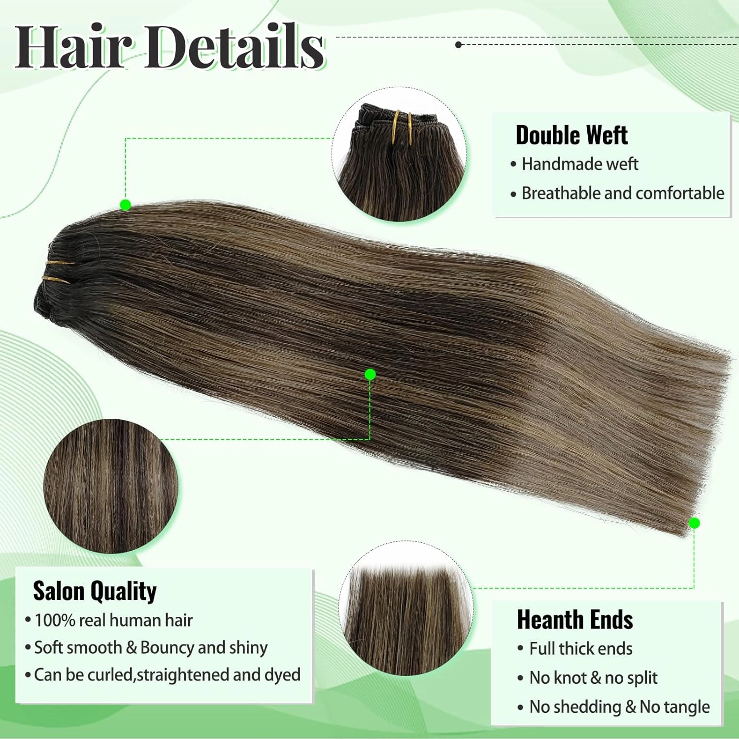 Clip in Hair Extensions Human Hair, 18 Inch Clip in Hair Extensions Real Human hair Balayage Dark Brown Ombre to Ash Brown and Dark Brown 70g 5 Pieces Straight Silky Hair Extension Clips