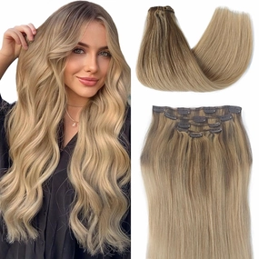 Clip in Hair Extensions Real Human Hair, 14 Inch Remy Human Hair Clip in Extensions Balayage Golden Brown Ombre Blonde Soft Silky Straight Seamless Clip ins 70g 5pcs