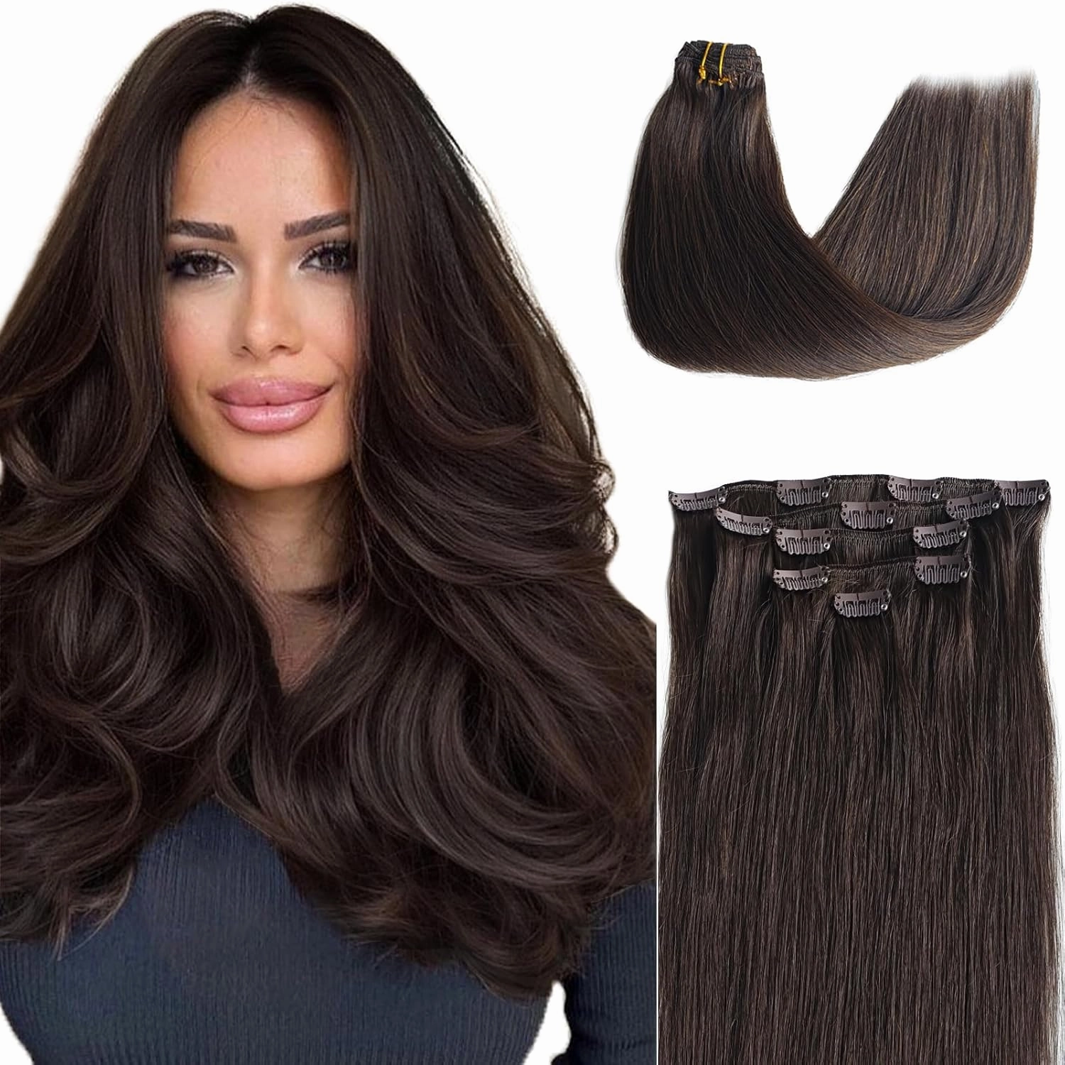 Clip in Hair Extensions Real Human Hair, 2 Dark Brown Clip in Remy Human Hair Extensions 14 Inch 70g 5pcs Soft Silky Straight Seamless